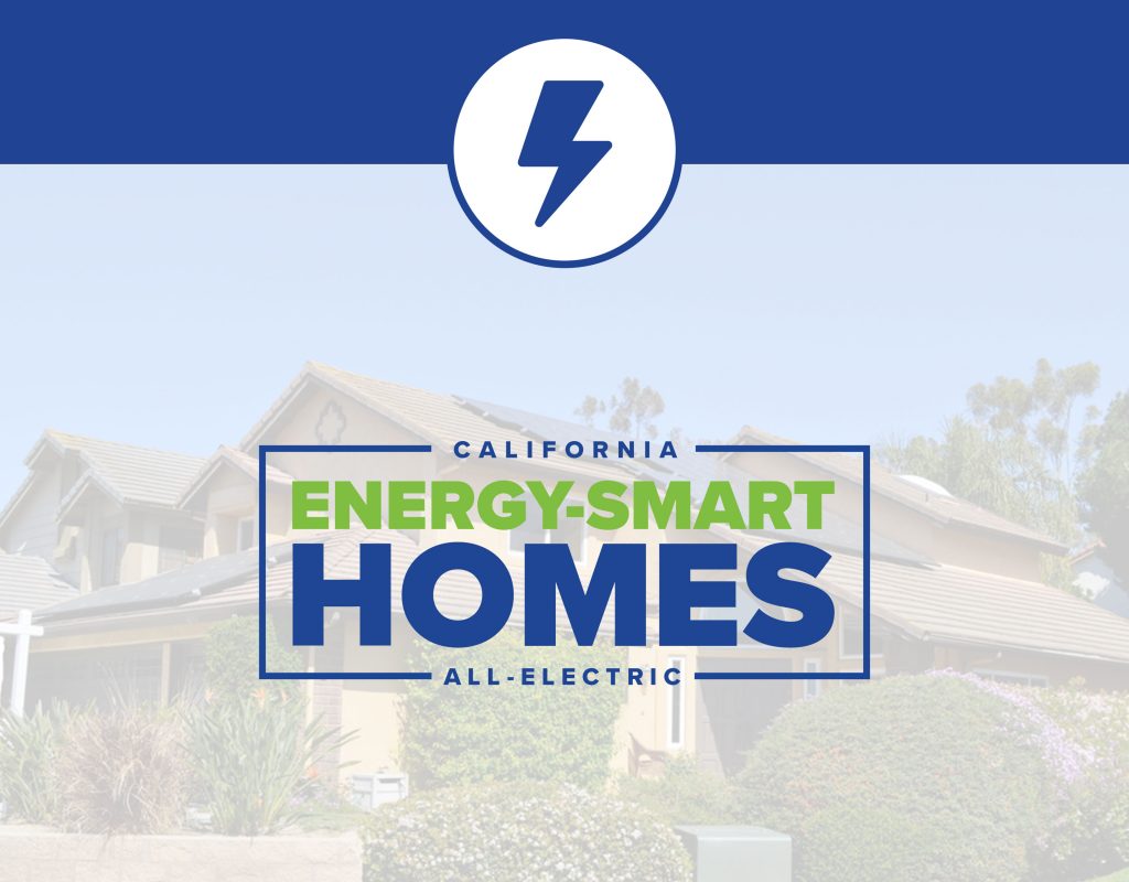 California Energy-Smart Homes All-Electric Logo and an icon of a lightning bolt overlayed on top of a photo of a single-family house