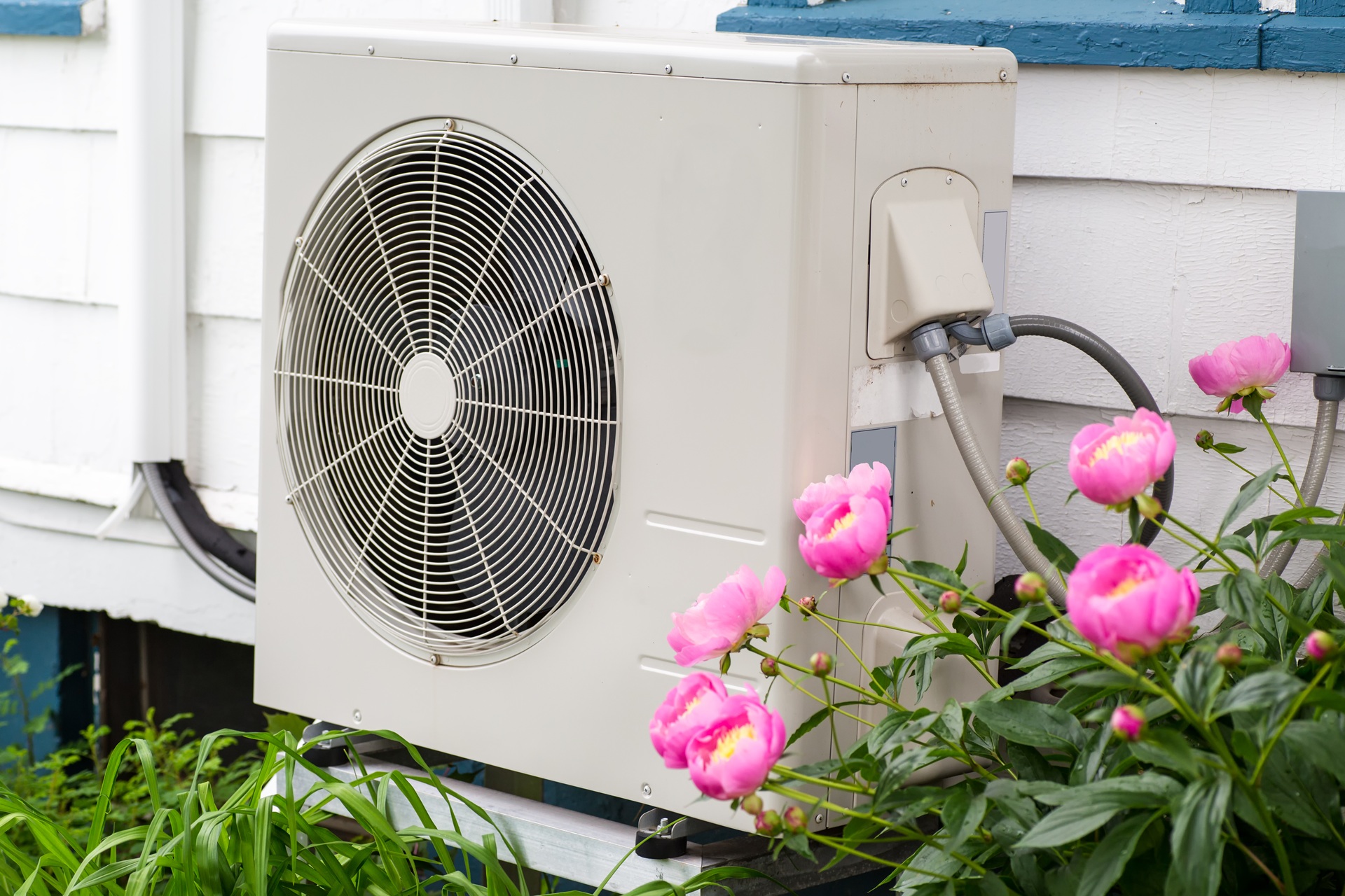 Heat Pump among the flowers in a home garden.