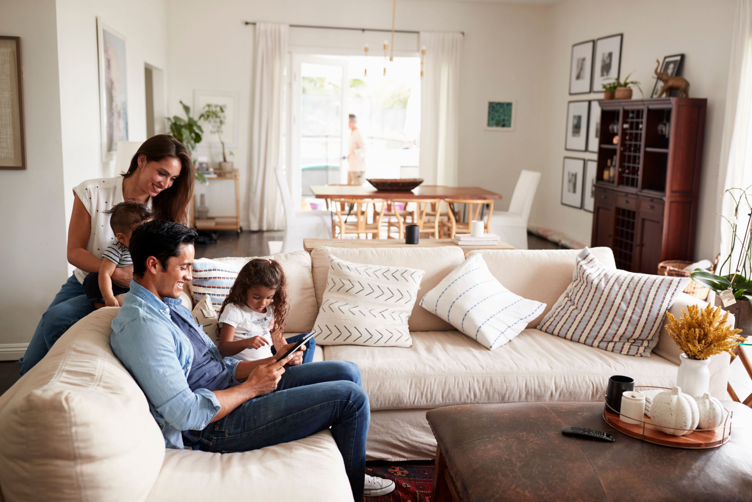 Family at home in living room together